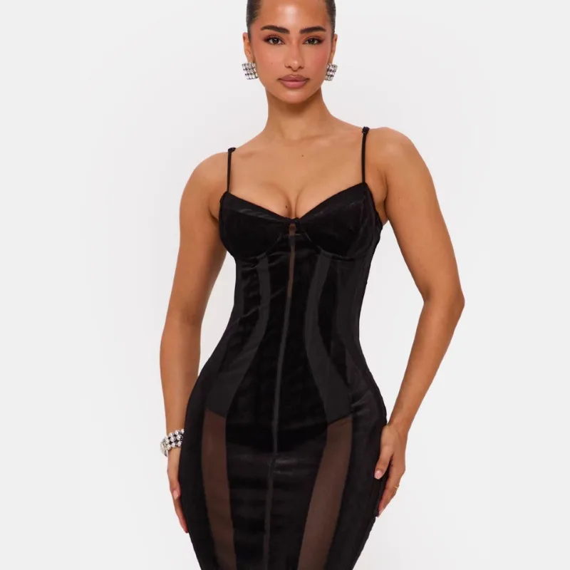 Women Black Velvet Sheer Maxi Dress Sexy Chic Mesh Patchwork Off-shoulder Waist Cinching Slim Maxi Dresses 2026 Club Party Gowns view 2
