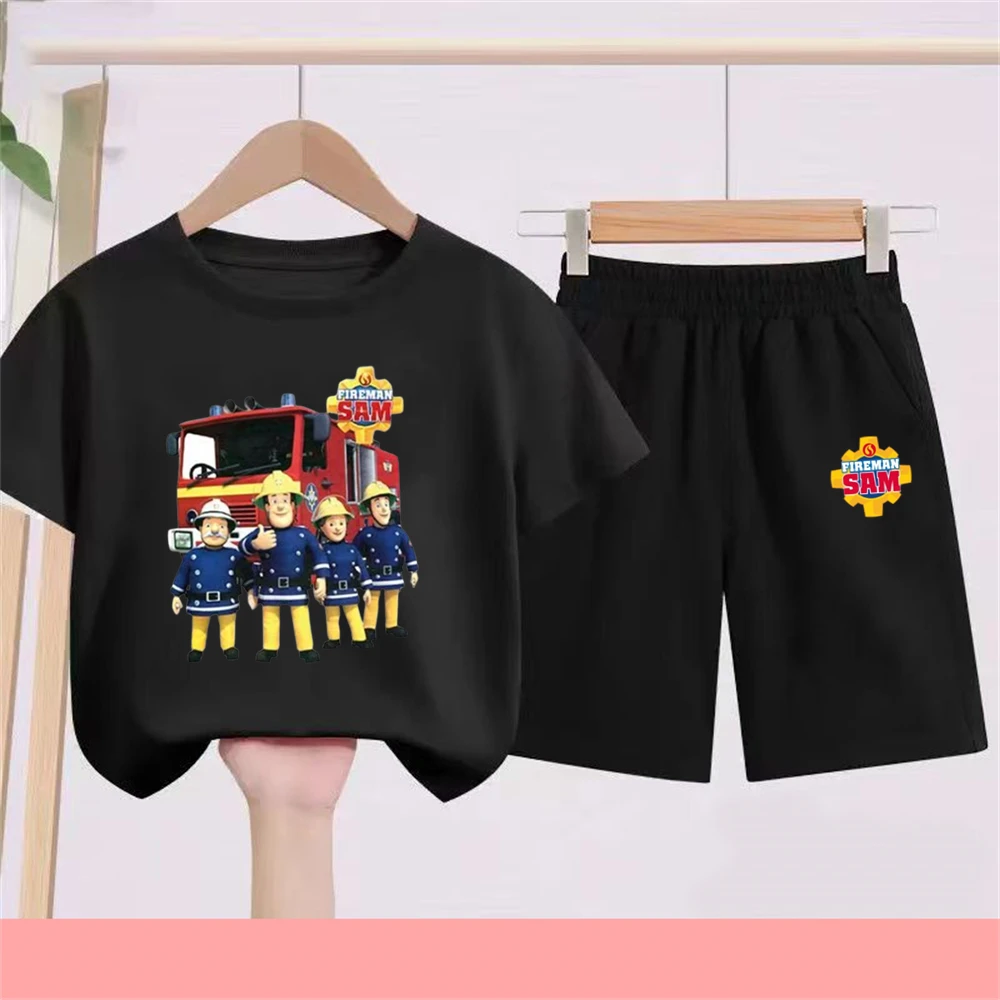 

Fireman sam Children Tops Tees Cartoon Printed Girls Boys Casual T-shirt Sets Black Red Funny T shirt Kids Age 3-12 Summer