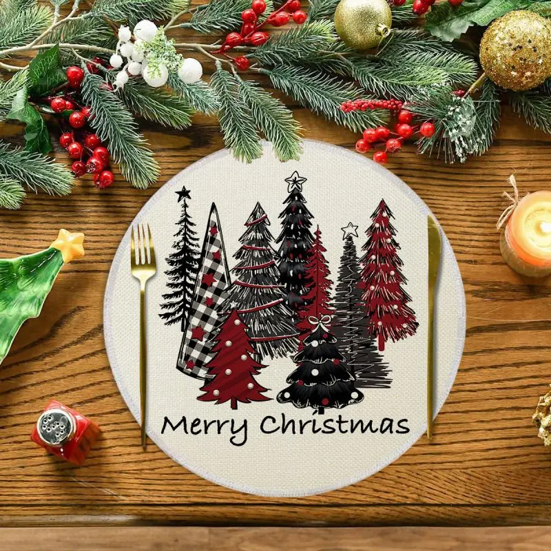 VIKAMA Cream Holiday Tree Cluster Round Placemat Black Red Fir Star Merry Text Farmhouse Xmas Table Mat Bold Art Soft Durable