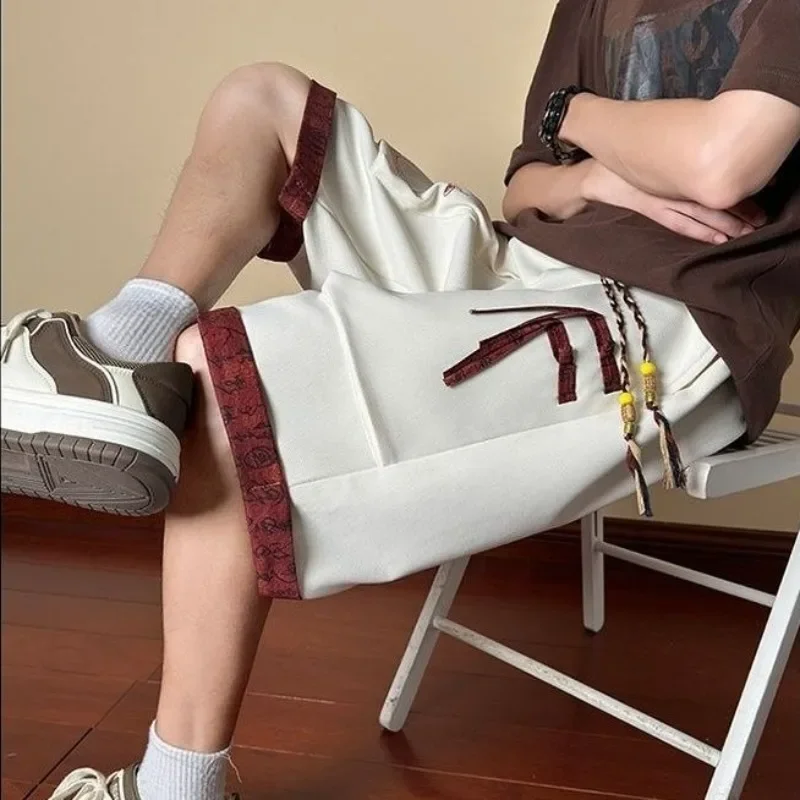 With Pockets Draw String Long Men's Cargo Shorts Button Elastic Waist Baggy Black Loose Bermuda Half Male Short Pants Wide Nylon