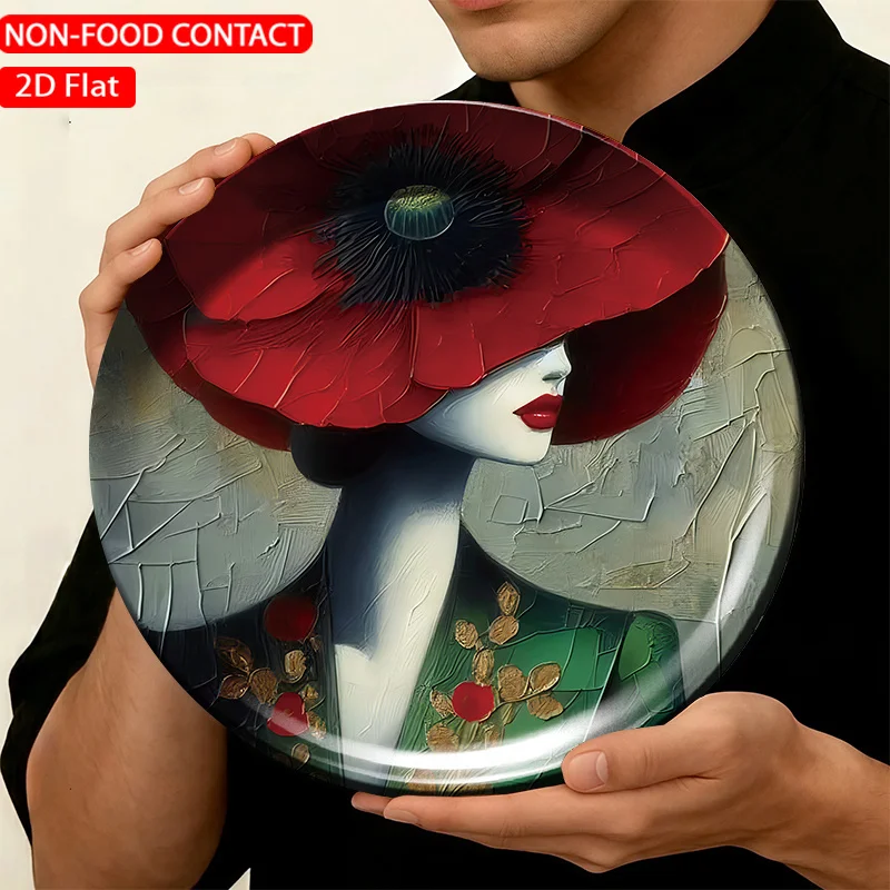 1pc FORJN Modern Round Ceramic Decorative Plate with Elegant Flower Ladies Portrait - Suitable for Non-Food Contact Use, Wall