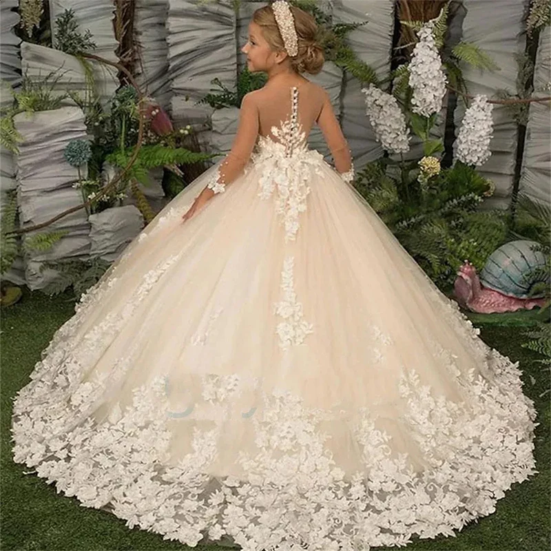 Ivory color Flower Girl Round neck Lace Appliques Long Wedding Birthday Party Gowns Customized