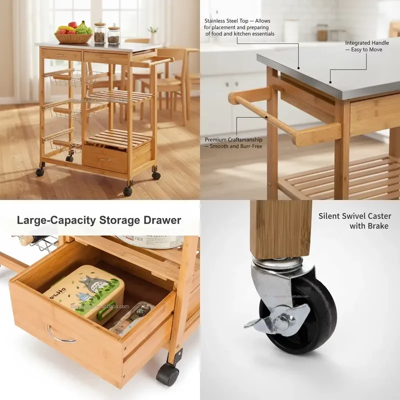 Custom 4 Tier Natural Bamboo Kitchen Cart Storage Rack with Drawer Durable Anti Tip Rolling Utility Shelf for Home