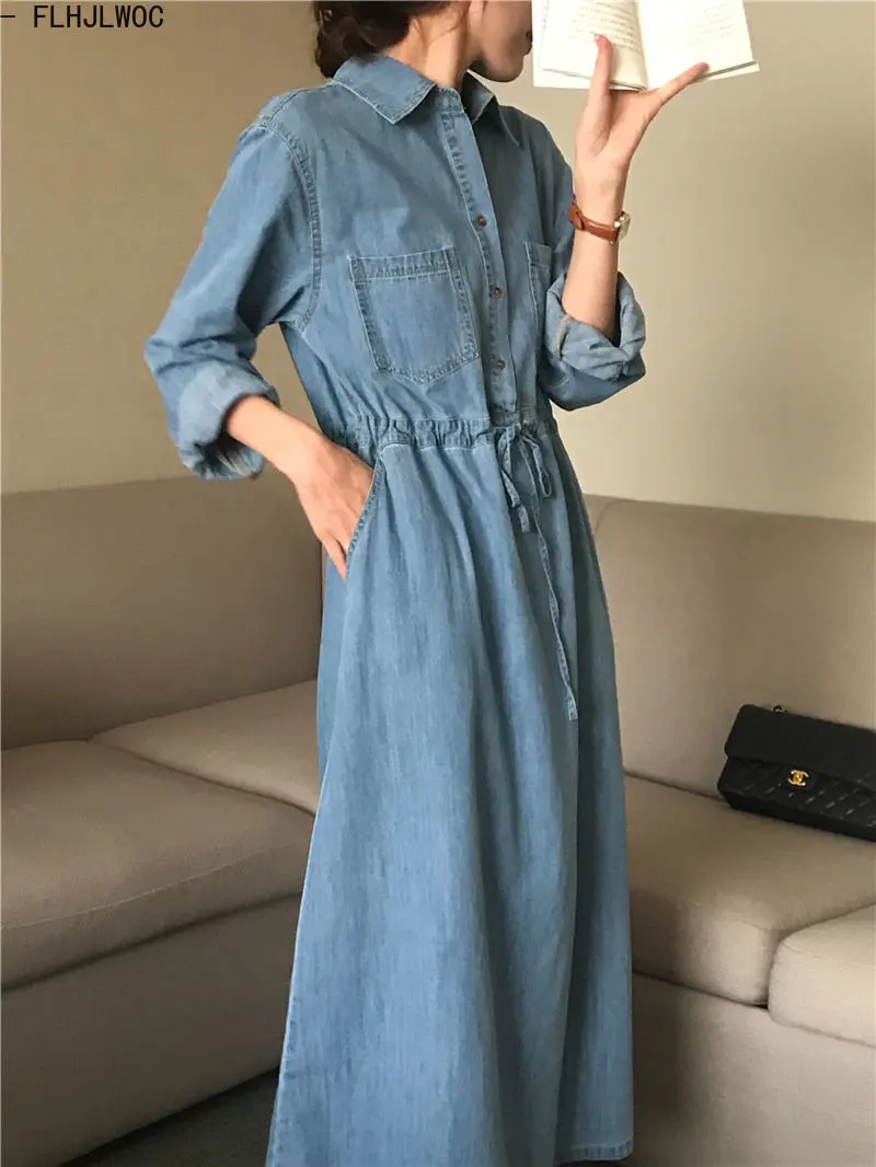 Denim Dresses New Design Woman Casual Cute Sweet Korea Chic Style Girls Retro Vintage Cotton Jeans Blue Long Denim Shirt Dress