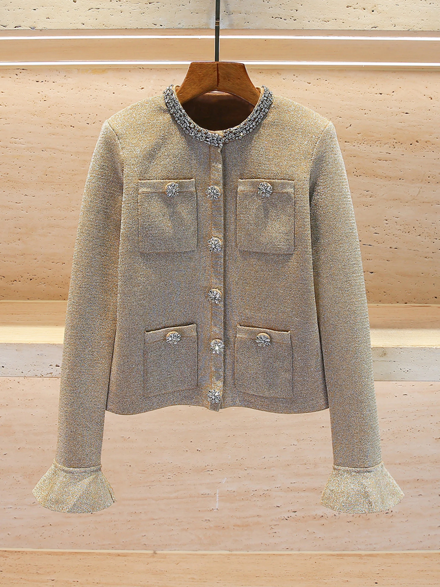 

Luxury Women's Knitted Open Cardigan with Bell Sves And Diamond Embelliment for Autumn Winter Ele Commute Sle