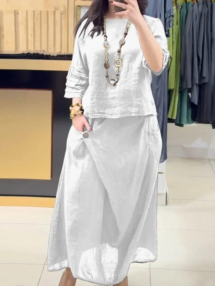 Cotton Linen Skirt Set For Spring Summer New Women's Clothing Fashion Pile Sleeves Casual Solid Color Loose Skirt Two-piece Set