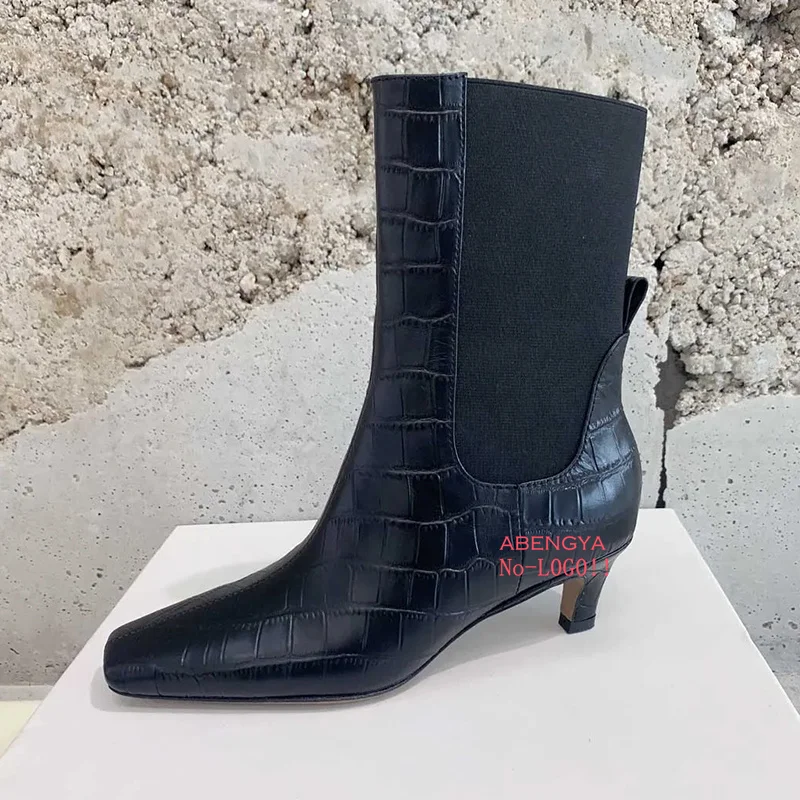 Winter Leather Middle Calf Boots For Women Square Toe Kitten High Heels Short Ankle Boots Designer Party Chelsea Boots For Women