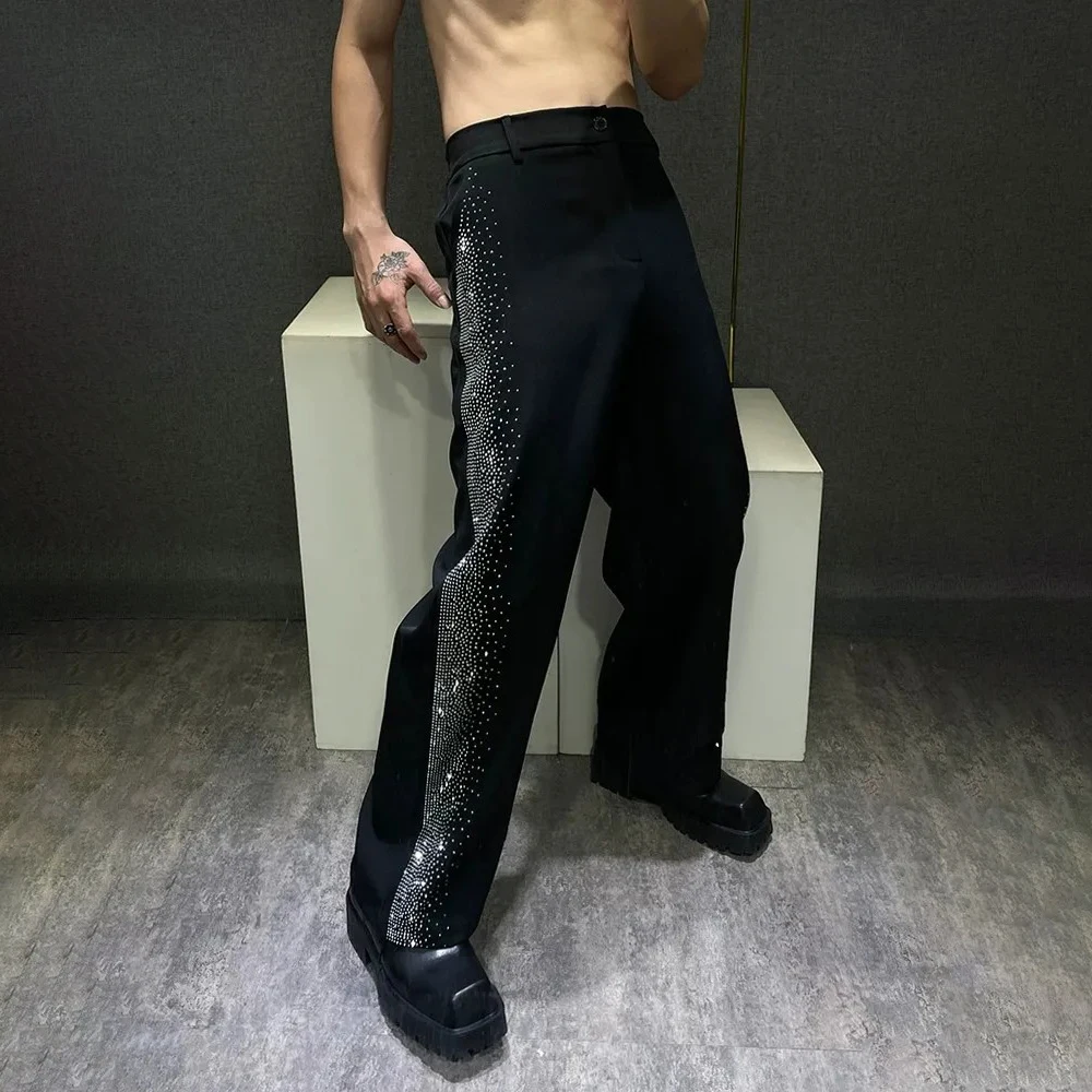 Pantalones para hombre Y2k, pantalones informales con diamantes, ropa de calle de otoño, moda para actuación en el Campus, pantalones de pierna ancha que combinan con todo, ropa para hombre 2024