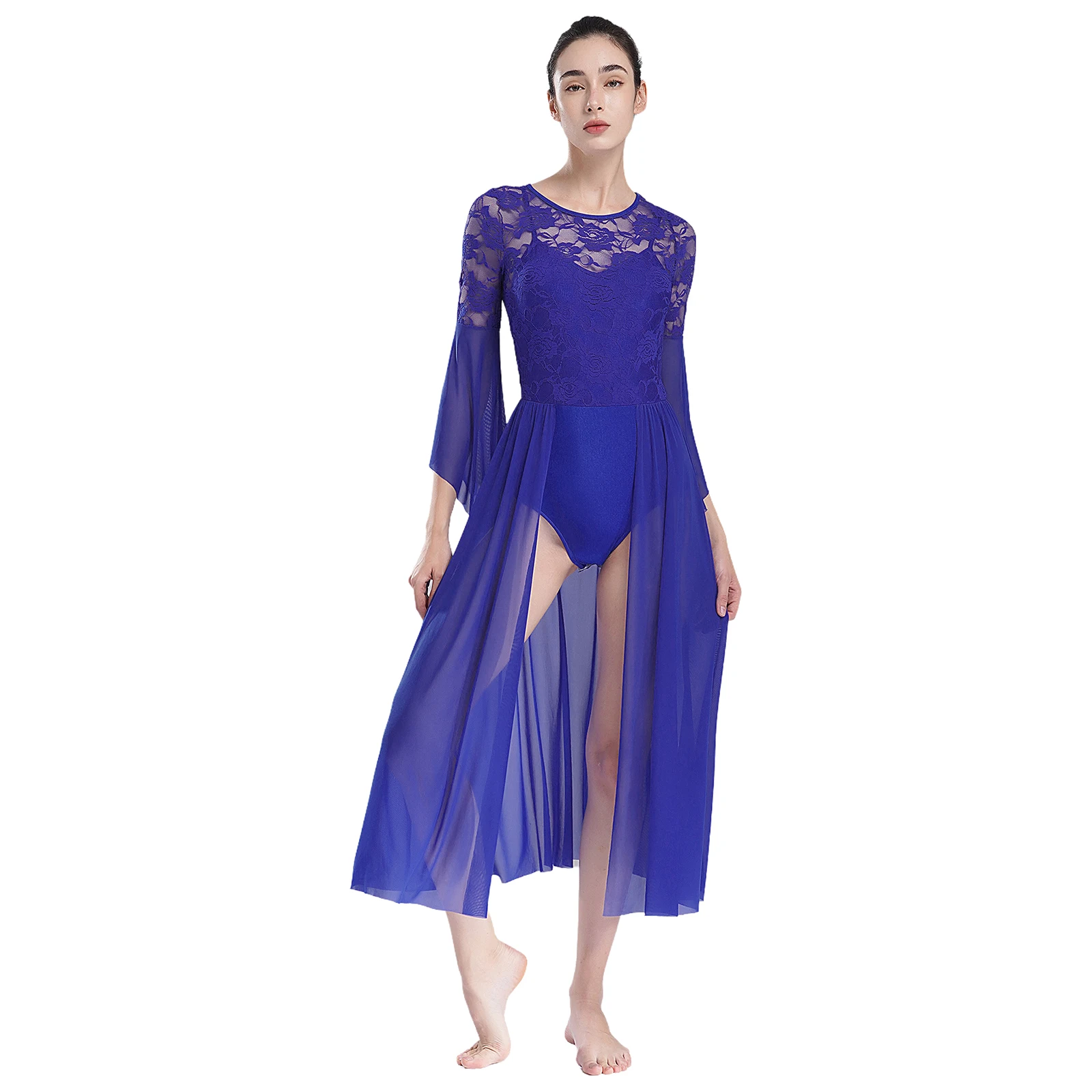 

Women Lyrical Dance Dress for Performance Costume Flared Sleeve Floral Lace Patchwork Mesh Skirted Leotard Ballet Dancewear