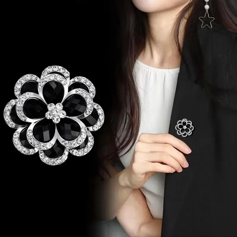 دبابيس زهرة حجر الراين الأسود الرائعة للنساء دبابيس التلبيب الأنيقة مجوهرات الزفاف الديكور #4