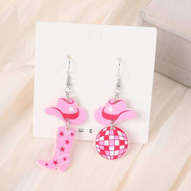 1 Pair Fishon Disco Charms Women Drop Earrings Acrylic Pink Cowboy Hat Boots Jewelry For Festival Birthday Gift Charms