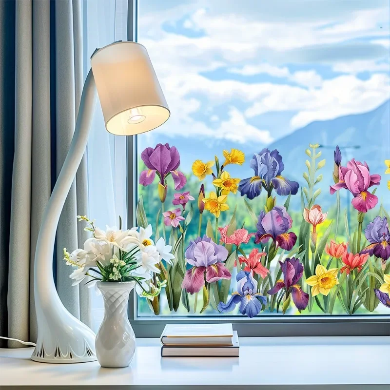 1Pc Beautiful Iris Flower Wall Stickers for Home Colorful Living Room Window Glass Background Self-adhesive Decoration Stickers