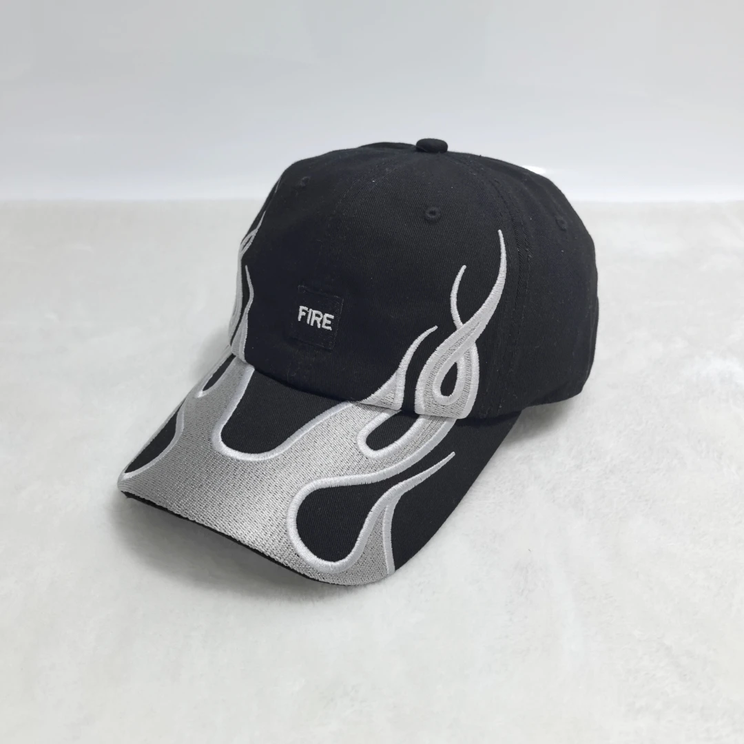 Amerikanische Retro Y2K Baseballkappe mit Flammen-Stickerei, Verstellbare Feuer-Muster Baumwoll-Dad-Mütze, Streetwear Hip-Hop-Hut für Männer und Frauen – Detail 1