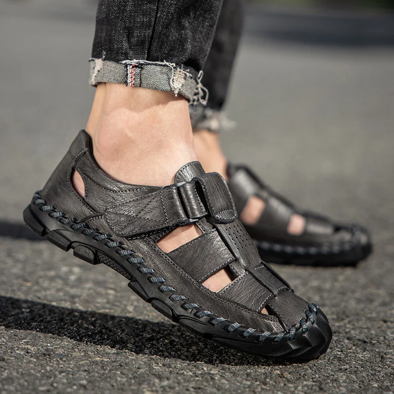 

Мужские кожаные сандалии, уличная летняя повседневная дышащая пляжная обувь большого размера с отверстиями