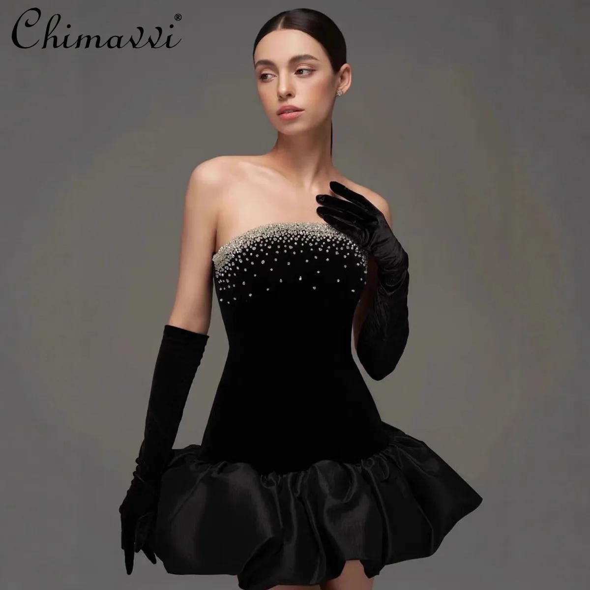 

French Elegant Socialite Heavy Industry Beaded Velvet Short Dress Sleeveless Sexy Strapless Black Party Evening Dress For Woman
