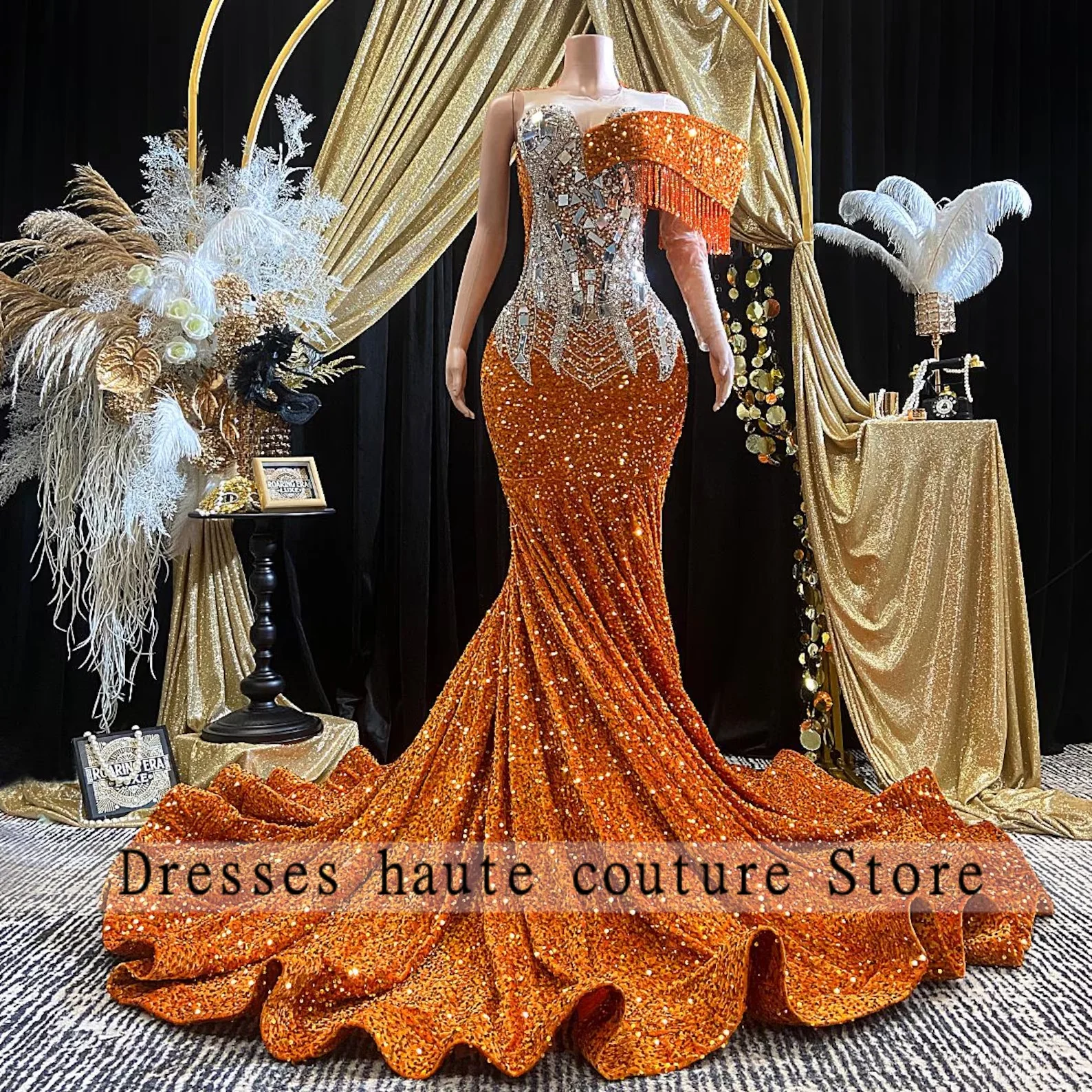 

Orang Rhinestones Long Prom Dresses 2026 For Black Girl Sparkly Tassel Sequin Birthday Party Dress Formal Dress Customized