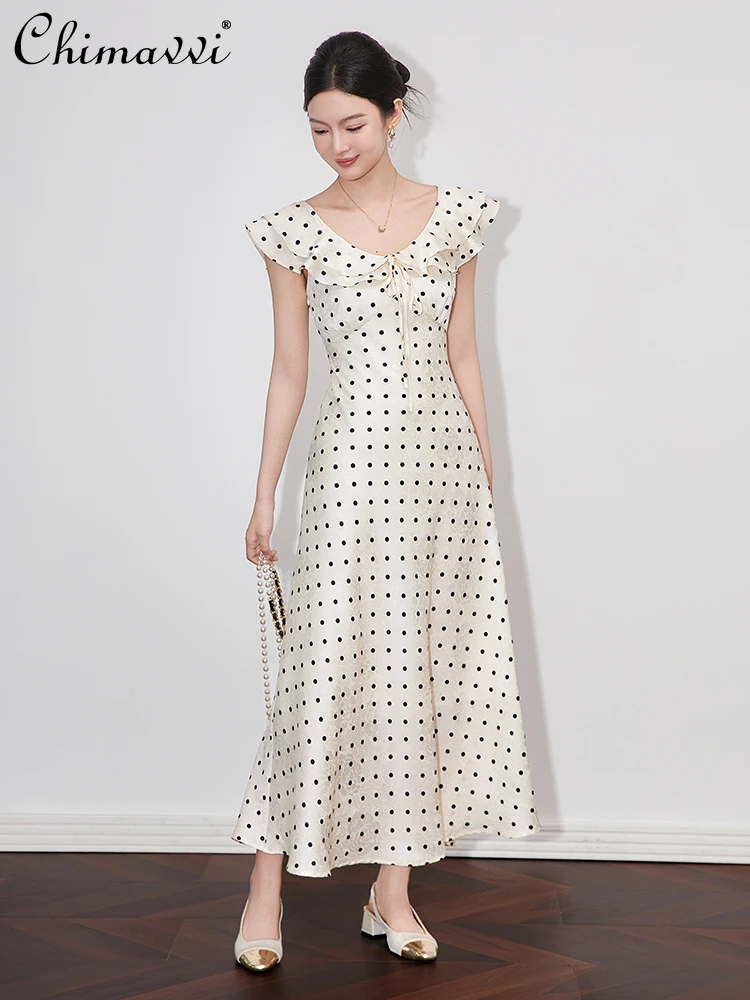 

French Elegant Retro Hepburn Style Dresses V-Neck Ruffle Short Sleeve High Waist Lace-up Slim Dot Print Casual Long Dress Women