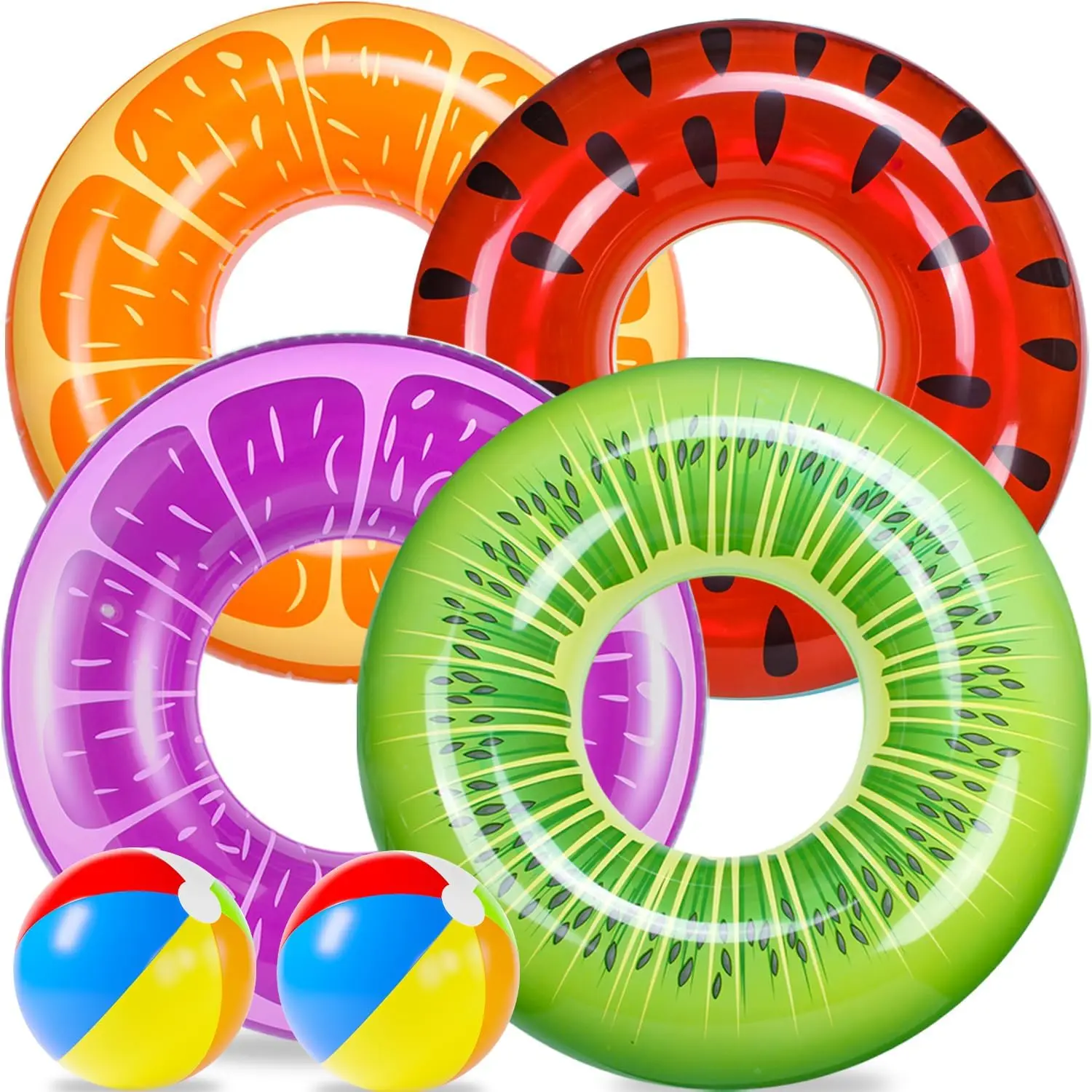

6 Pack Pool Floats Kids Pool Swim Tubes Rings(4 Pack) 4Pcs Inflatable Big Floaties Beach Swimming Toys with 2Pcs Beach Balls for