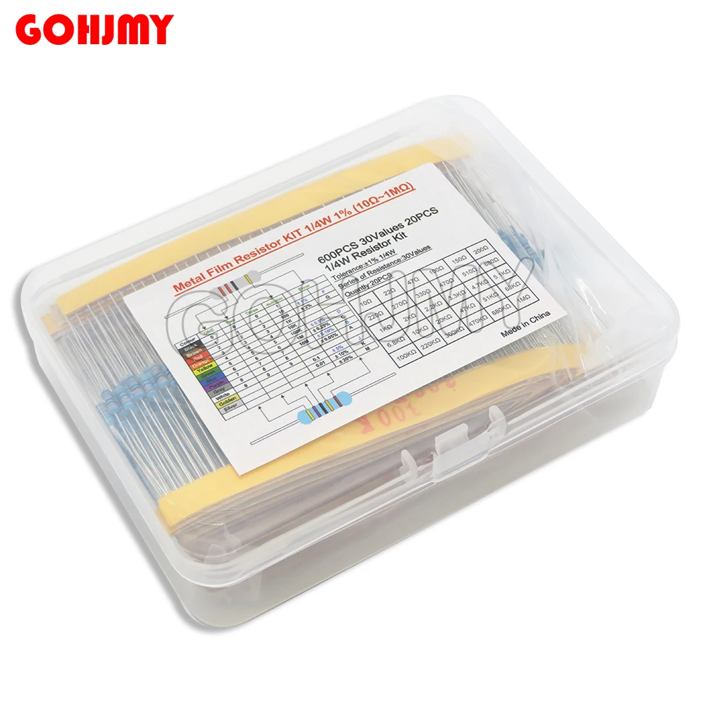 600PCS 30Values* 20PCS 1% 1/4 W resistor pack set diy Metal Film Resistor kit use colored ring resistance (10 ohms~1 M ohm)