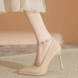 여성용 뾰족한 머리 스틸레토 하이힐, 얕은 입, 금속 체인, 미끄럼 방지, 내마모성 싱글 슈즈, 2025 가을 신상