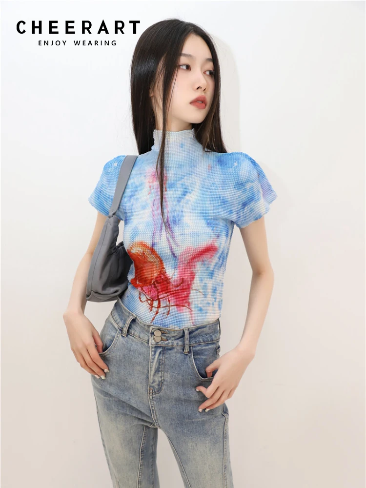 CHEERART Jellyfish Tie Dye Pleated Graphic T Shirts Fashion Summer Top For Women 2023 Blue Turtleneck Tees Trending Clothes