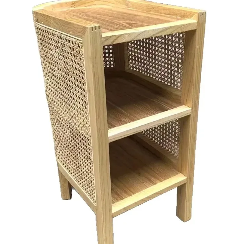 Natural Solid Wood Rattan  Mortise Edge Cabinet 2 Tier Open Storage Bedside Table Japanese Woven Mesh Bedroom Furniture