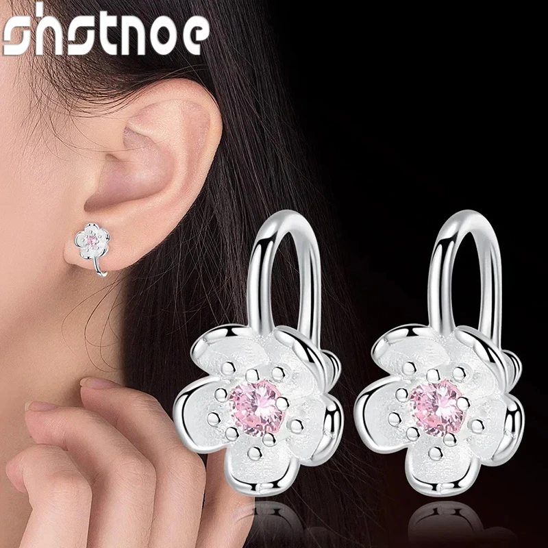 Korea Style Crystal Cherry Blossom Flower Clip on Earrings Without Piercing for Girls Party Sweet 925 Silver No Hole Ear Clip