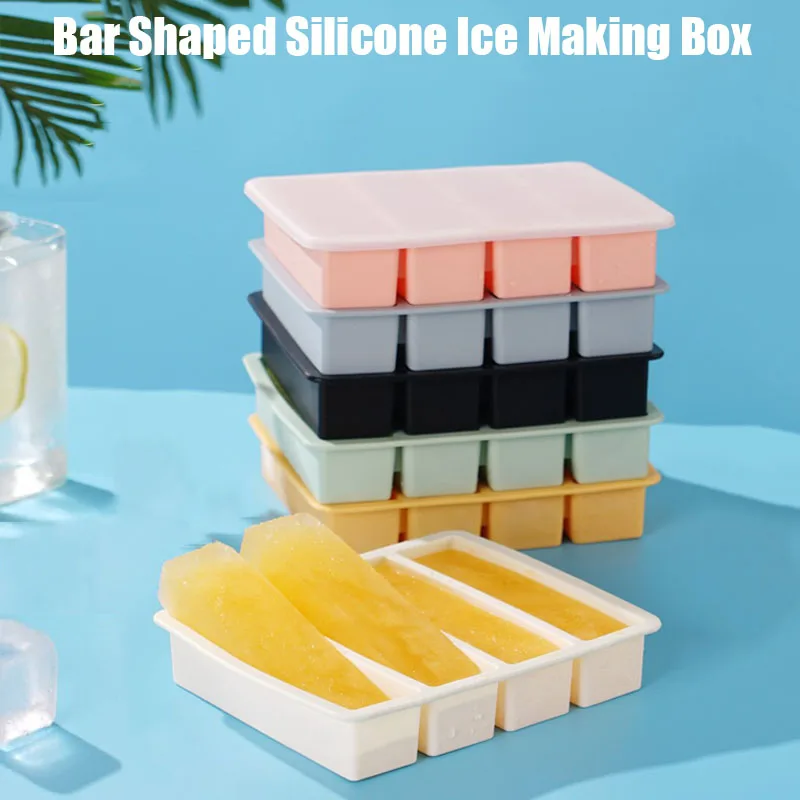 

4 Grids Large Strip Silicone Ice Cube Mold with Lid Easy Demolding Ice Mold Reusable Silicone Ice Tray Molds Whiskey Ice Cubes