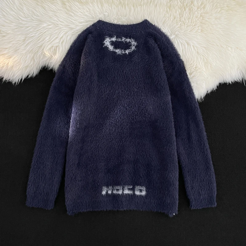 Suéter Retro de manga larga con cuello en V para hombre, Jersey de punto de visón Jacquard holgado y cálido, ropa de moda para hombre