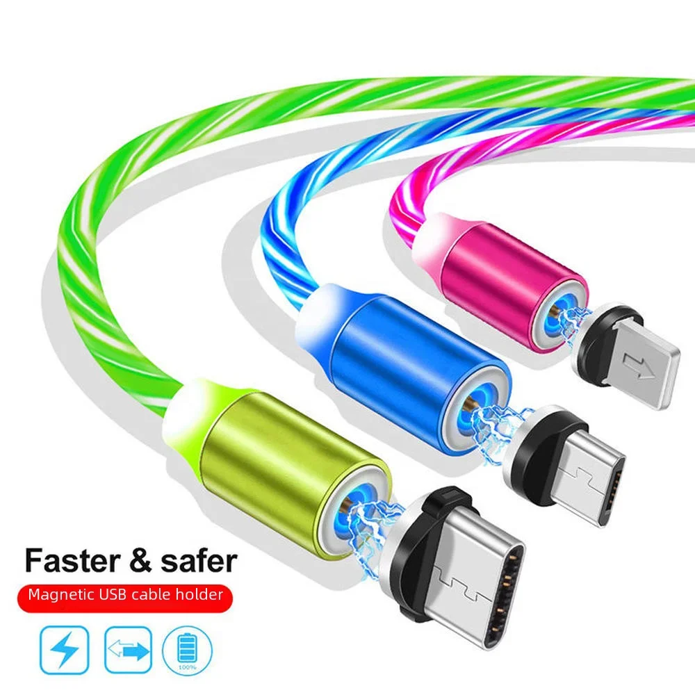 MVQF 3in1 Magnetic Flow Luminous Lighting Charging Mobile Phone Cable Cord Charger Wire for Iphone Samaung LED Micro USB Type C