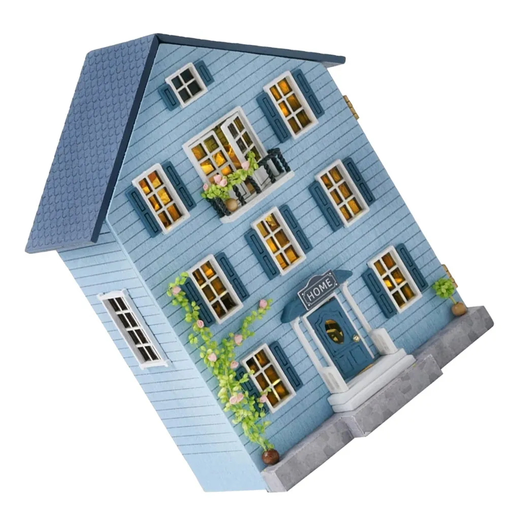 1Set Miniature Dollhouse Building Kit Natural Wood Construction with Mini Furniture Set Whimsical Home Tabletop Decoration