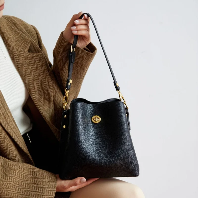 

Роскошная женская сумка-ведро с узором личи, брендовая, в стиле ретро, большая вместимость, на плечо, с замком, кроссбоди, стильная, однотонная, сумка-ханбаг