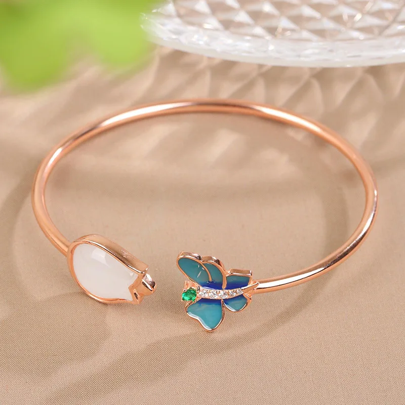 

S925 Silver Gold Plated Inlaid Hetian White Jade Open Women'S Style Bracelet