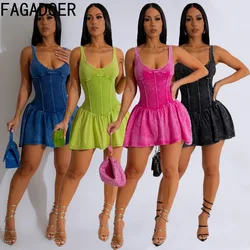 FAGADOER Candy Color Ribbing Pleated Dress Women 2024 Trendy Vintage Washing Solid Sleeveless A-line Short Dresses Stretch