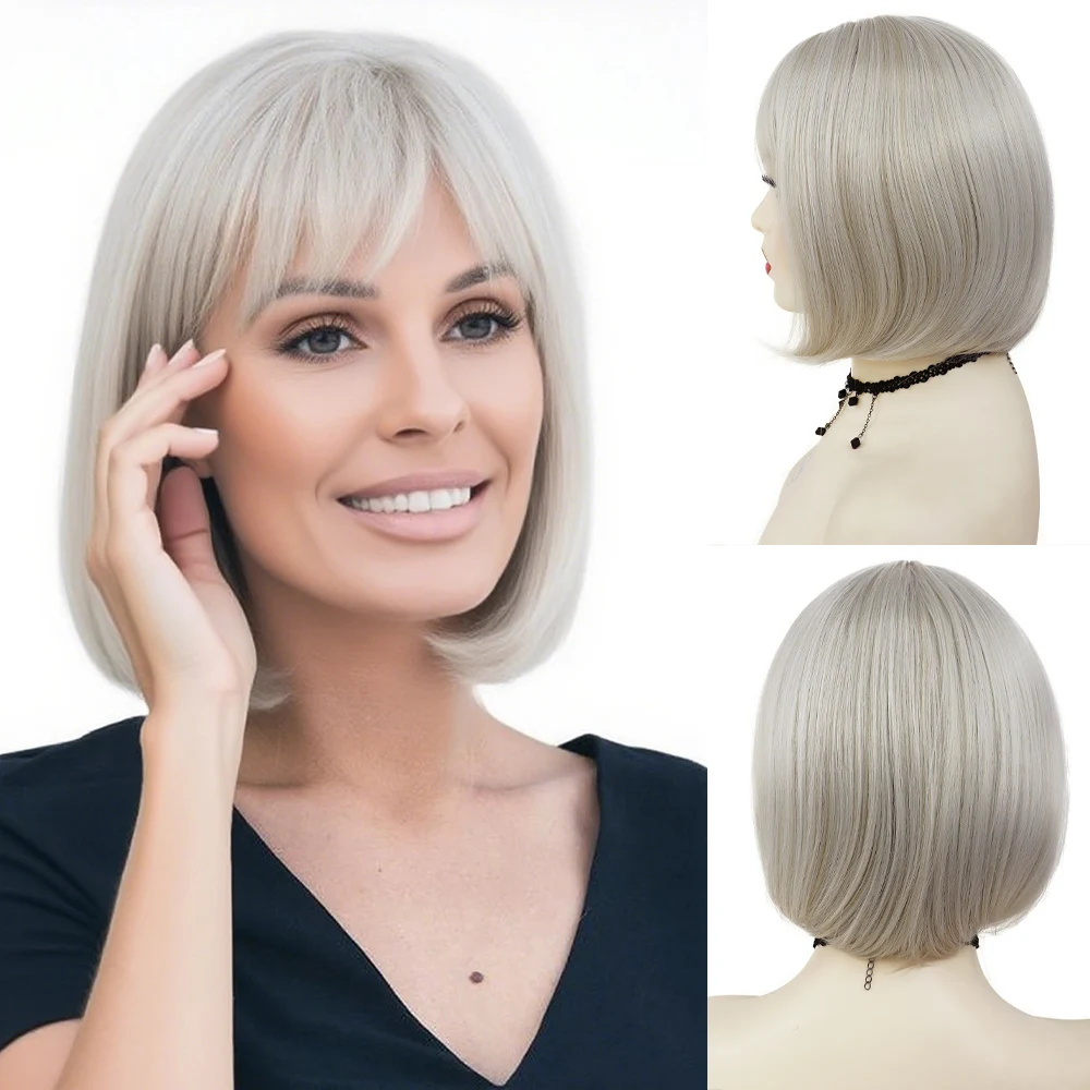 

Short Platinum White Straight Synthetic Hair Wigs Bob Hairstyle Wig with Bangs for Women Heat Resistant Daily Costume Party Use
