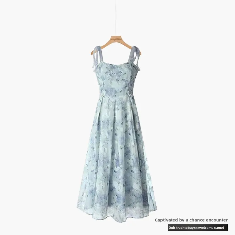 Faionable Floral Print Dr Princ Sle Strapl Midi Saia Ele Emagrecer Efeito Francês Sle Bainha Irregular Todos...