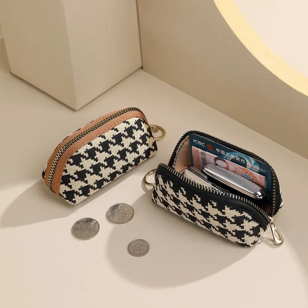 Portafoglio stile lungo in pelle PU Borsa per chiavi per auto Stampa pied de poule Borsa con cerniera Borsa per soldi ultrasottile con fermasoldi quadrata per ragazze