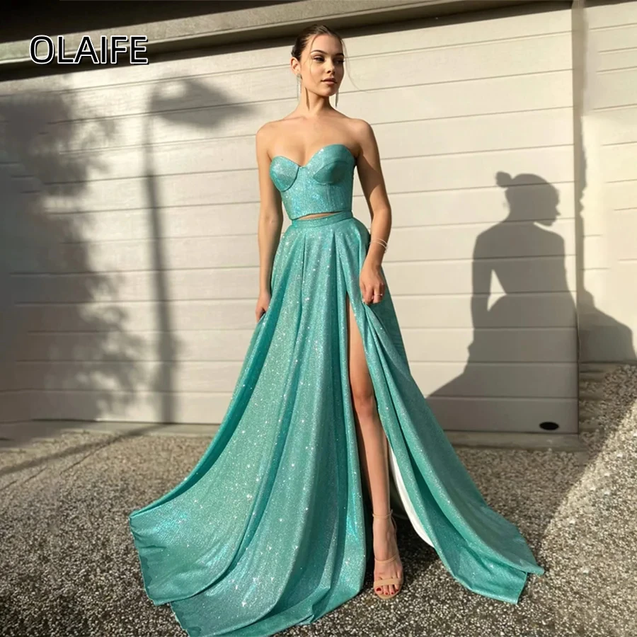 Olaife Sequined Two-piece Sweetheart Corset Back Evening Dress Front Split A-Line Floor Length Prom Wear Party Dresses