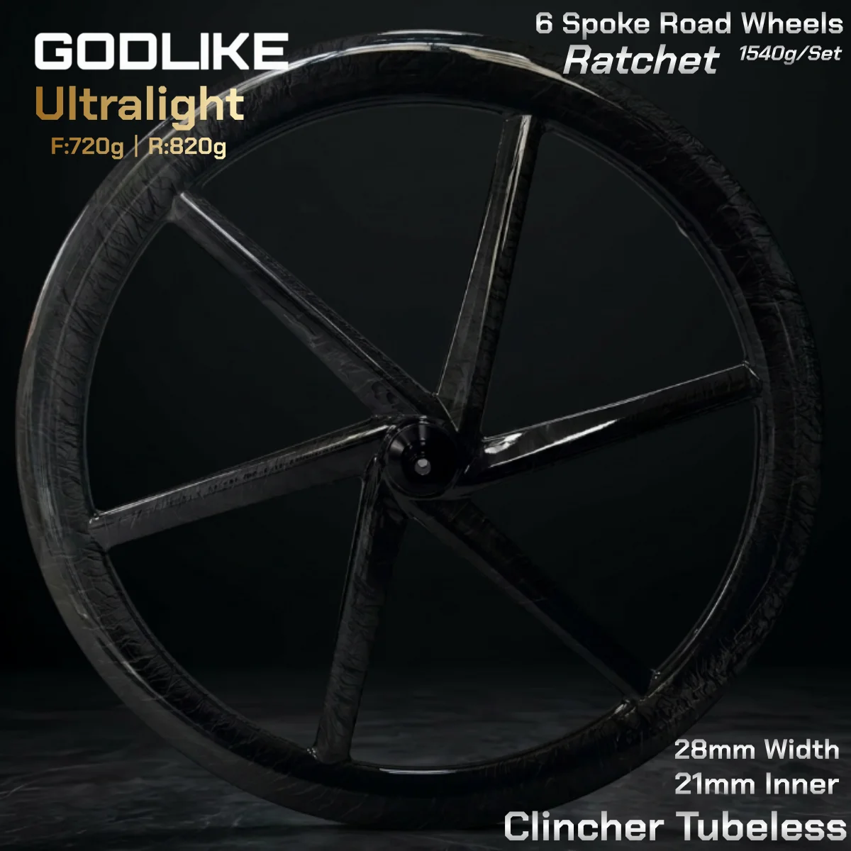 GODLIKE Light 700C 6 Spoke Road Carbon 28mm Wide 21mm Inner Wheel Disc Brake Ratchet Clincher Tubeless Center Lock Bicycle Wheel