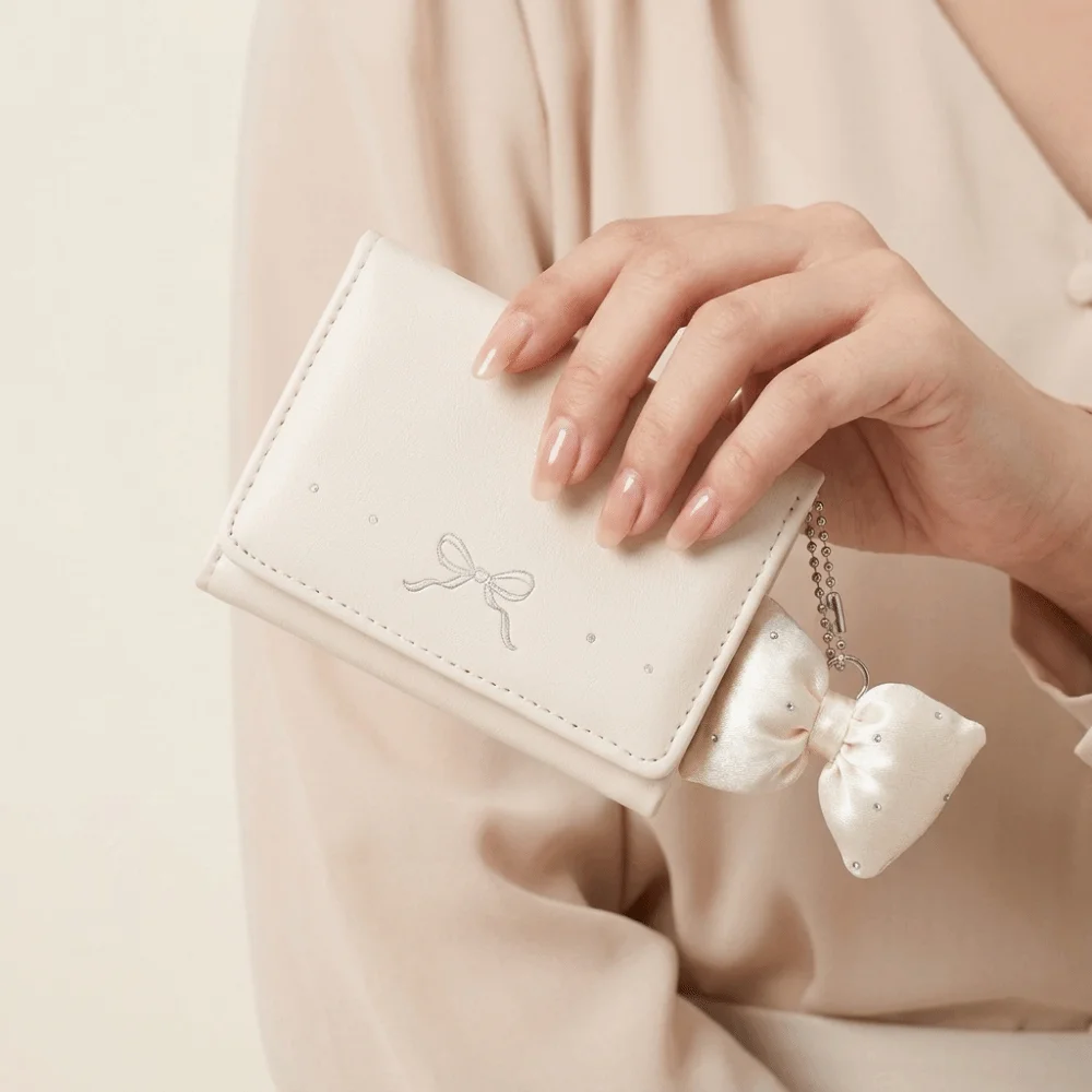 Sweet Pendant Bow Wallet Solid Color Foldable PU Leather Coin Purse Korean Style Multi-functional Mini Card Holder School
