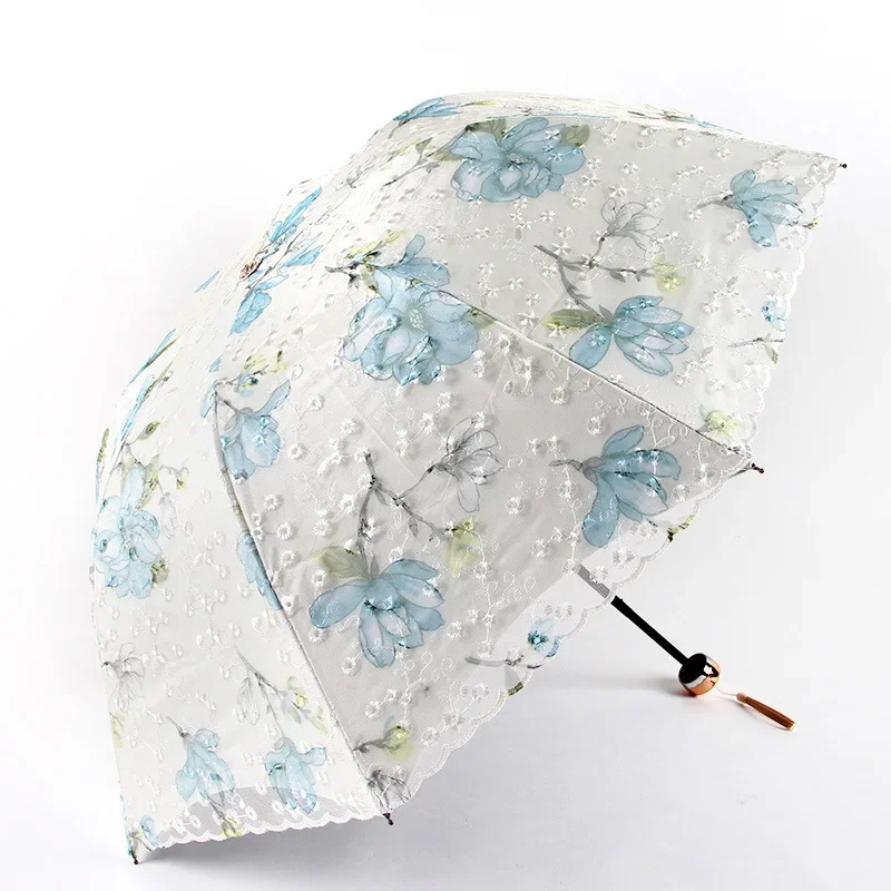 Embroidered double-layer lace umbrella, three fold umbrella A1907, black glue anti UV sunscreen umbrella, sunny umbrella