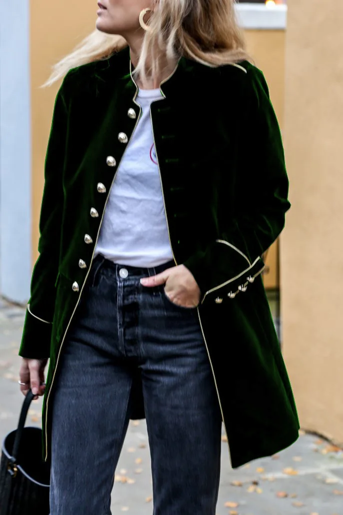 เสื้อโค้ทผู้หญิงแฟชั่นอุ่นๆ แต่งผ้าแบบแพทช์เวิร์ค สไตล์สตรีท สำหรับฤดูใบไม้ร่วงและฤดูหนาว แขนยาว ติดกระดุม ความยาวปานกลาง ทรงตรง