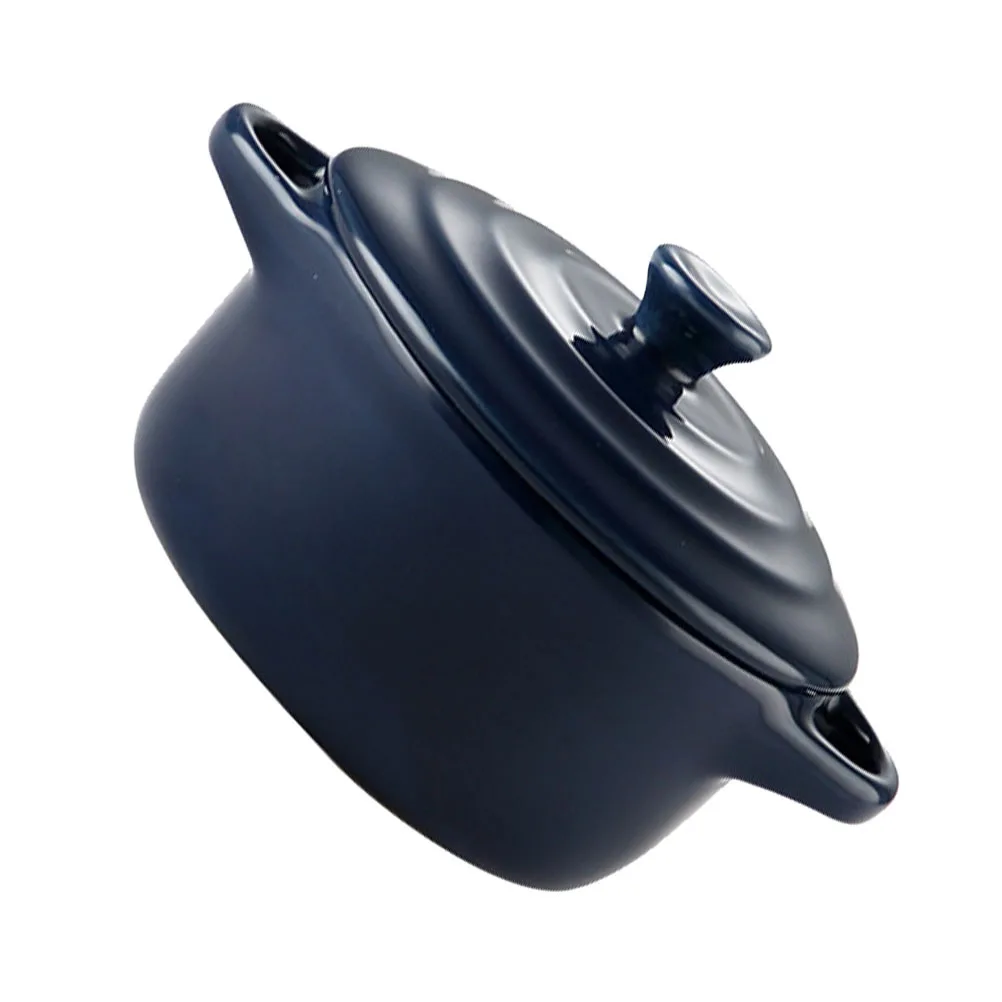 Cuenco de cerámica para microondas con tapa, olla para estofado ignífuga de doble mango para el hogar, cocina, diseño duradero, color azul oscuro, 230Ml, 1 Uds.
