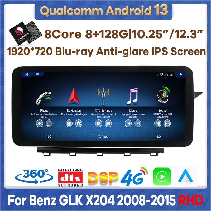 

12.3" Qualcomm 8+128G Android 13 Car Video Player for Mercedes Benz GLK X204 RHD 2008-2015 Auto Radio Stereo GPS CarPlay Screen