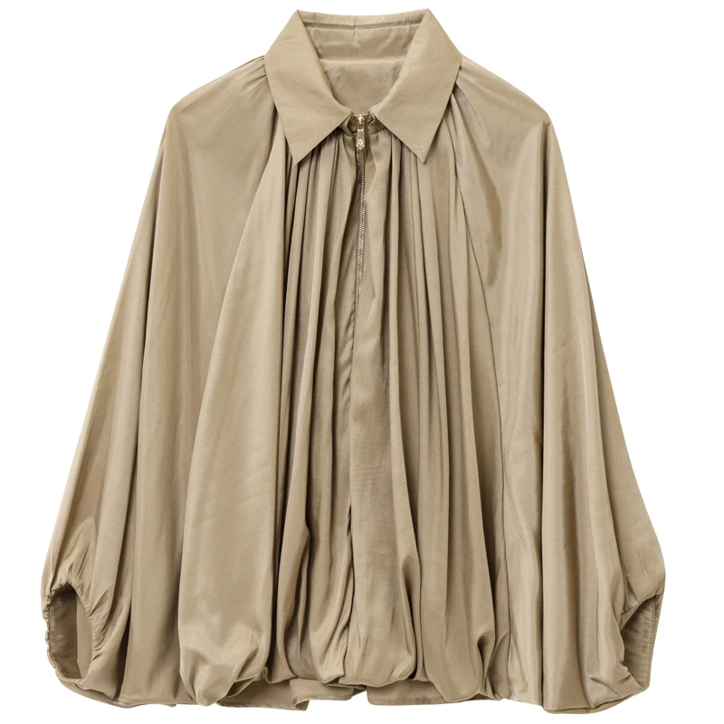 HXAO Dames Bomberjack Herfst Nieuw In Jassen Oversized Bladerdeeg Lange Mouwen Tops Ruches Losse Outerwears Mode Jassen