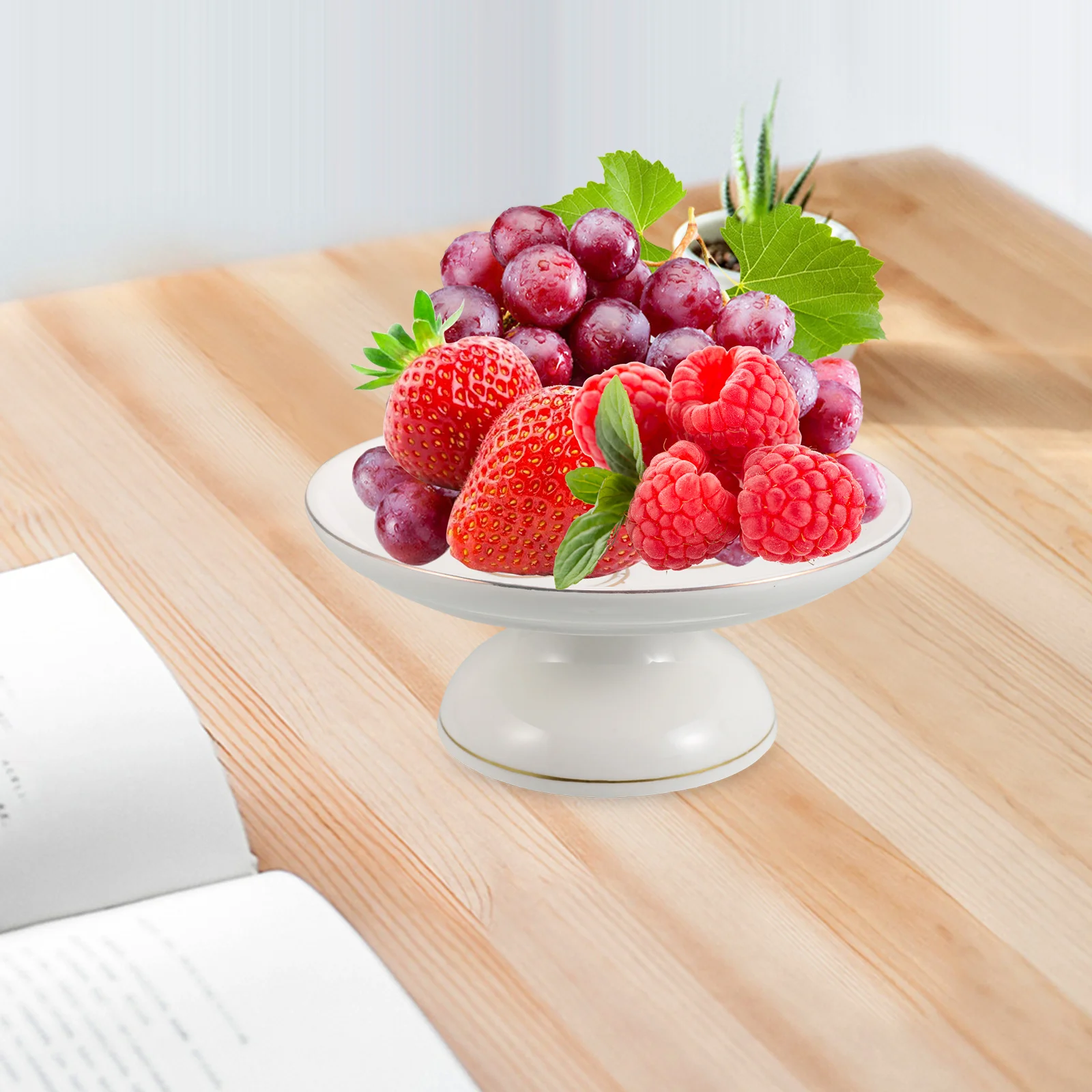 

6Inch Footed Ceramic Fruit Plate Lotus Pattern Large Capacity Bowl for Offering Fruits Desserts Kitchen Counter Display