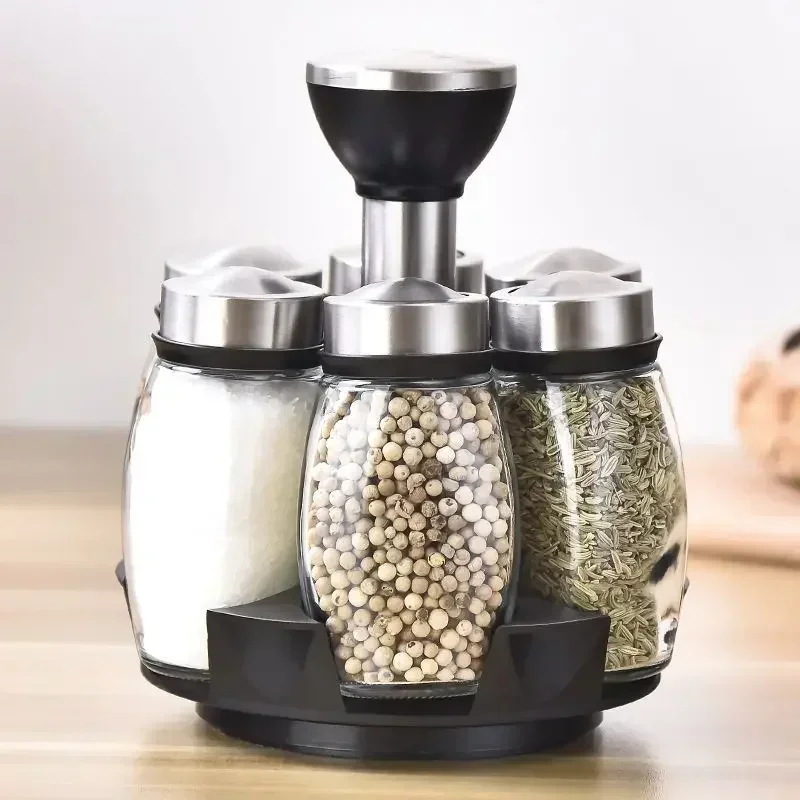 Rotating Seasoning Bottle Jar Rotating Base Gadgets Bottle 6-Pieces Set Kitchen Utensils Combination Herb Spice Tools