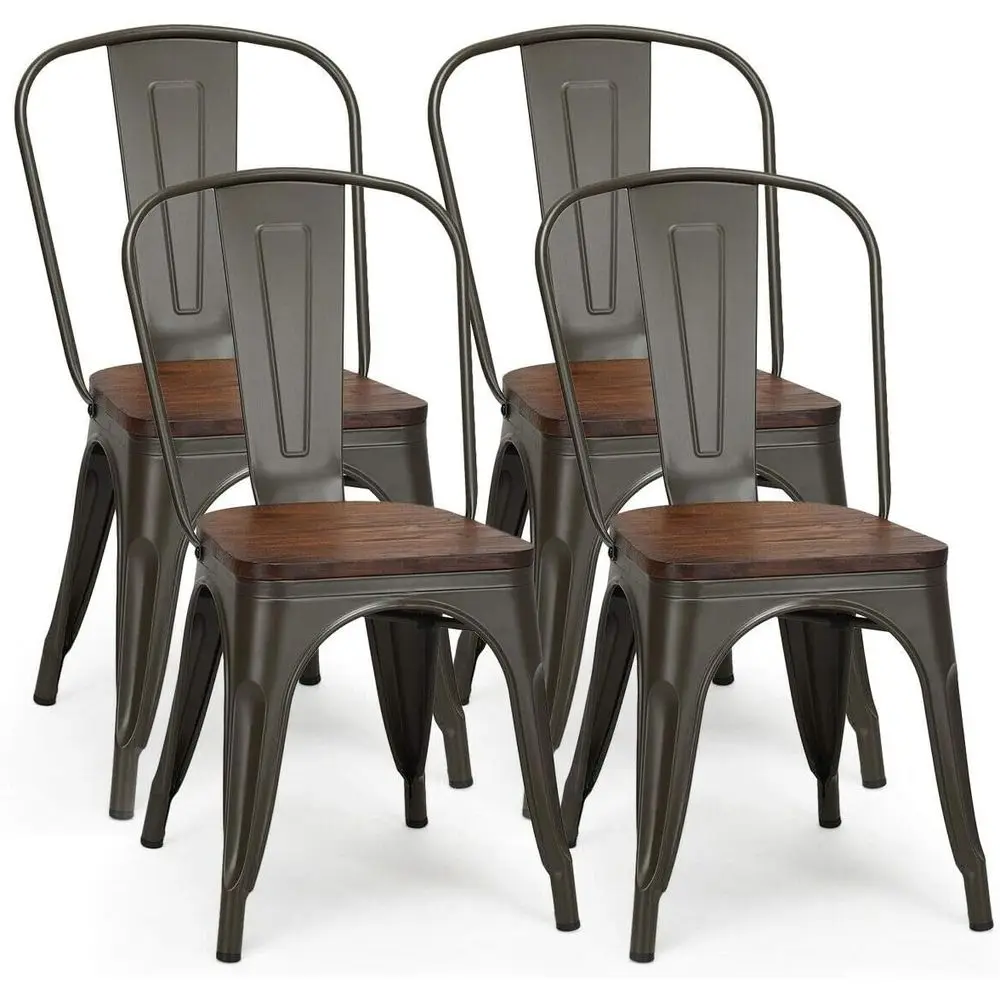 

Set of 4 Industrial Vintage Metal Stackable Dining Chairs with High Backrest and Wood Seats for Home, Kitchen, and Cafe Bar