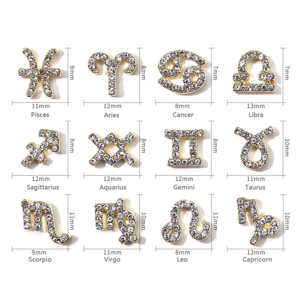 Zirkon Zodiac Nagel Charms 10 teile/los Legierung 12 Konstellationen 3D Zeichen Strass Symbol Zubehör Shiny Nail art Dekorationen