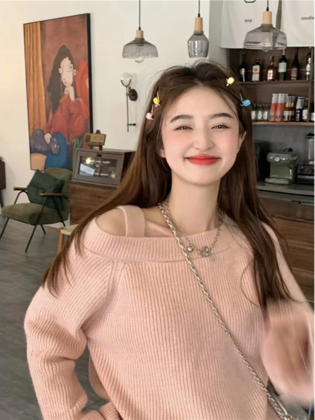 

Soft Pink Women's Sweater oulder Bared Design Spring Autumn Gentle Sle Knitted Top Pure Color One-oulder Loose Fit Long...